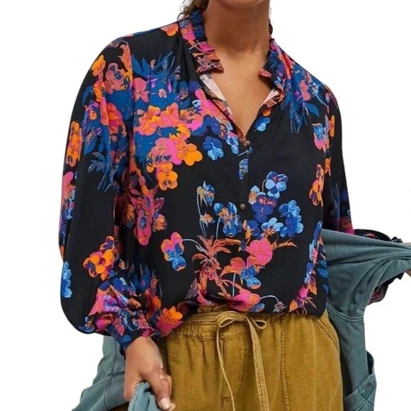 ANTHROPOLOGIE Maeve Colette Peasant Blouse Floral Ruffle Boho Black Small M $108 - Picture 3 of 10
